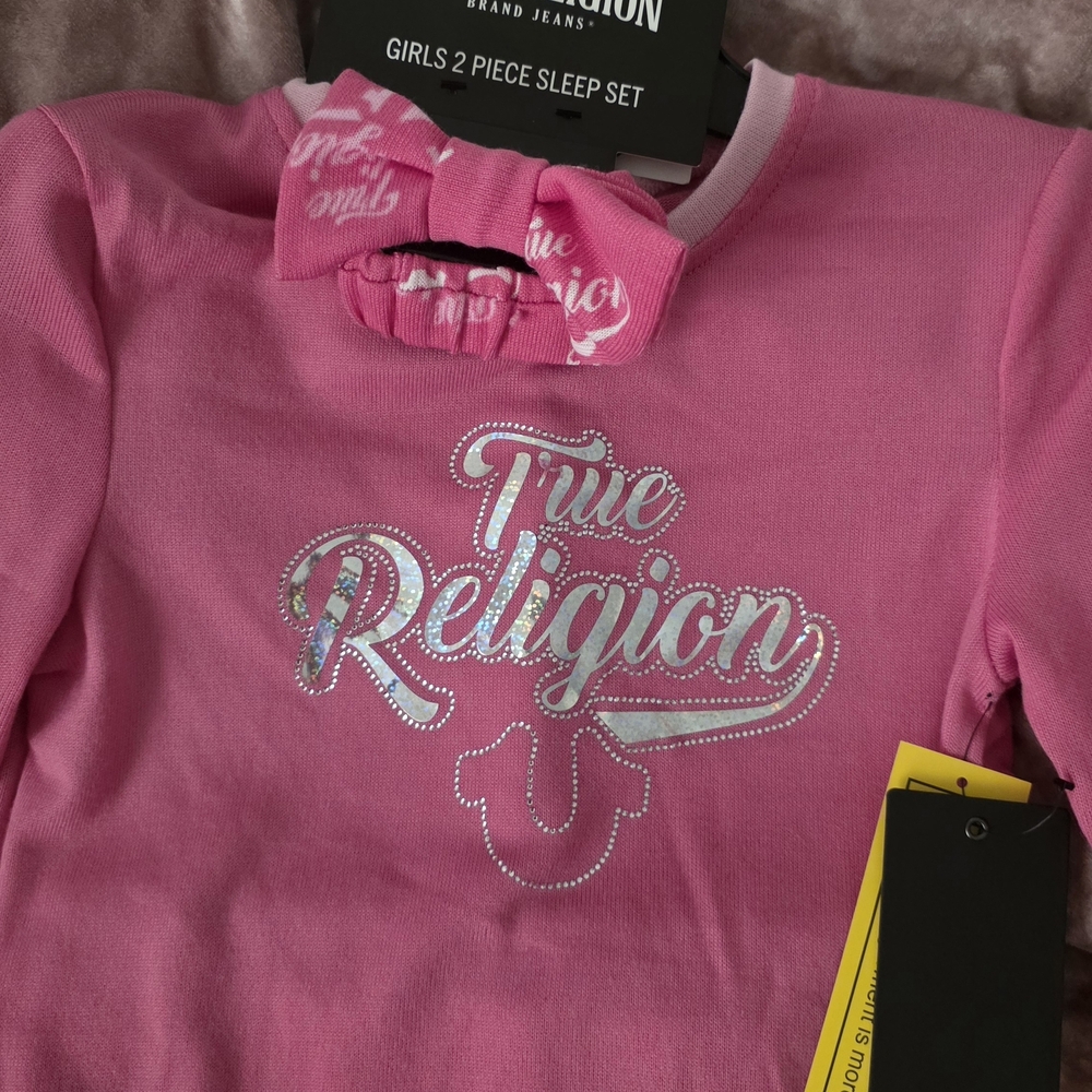 True Religion Pink Long Sleeve Kids' Tee with Silver Logo Pajamas